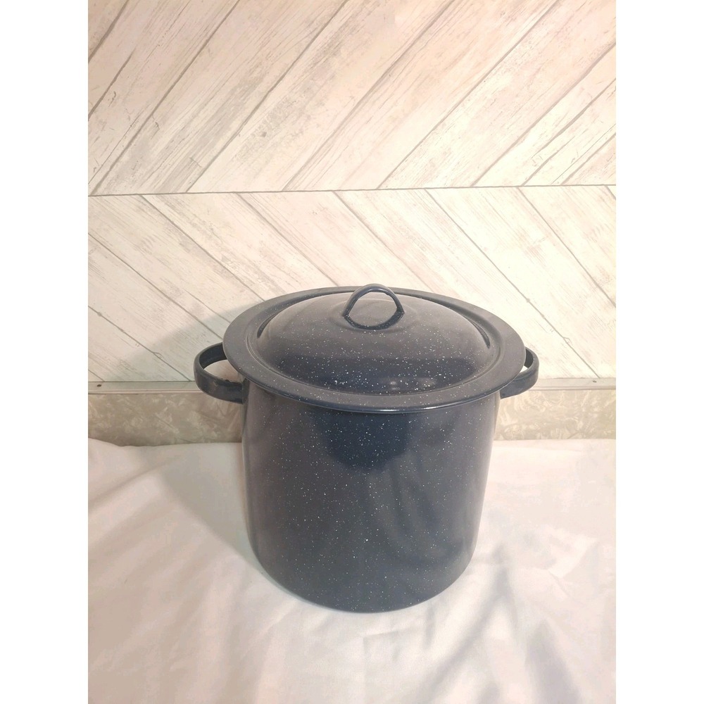12 Qt Large 10" Wide x 9" Tall Blue & White Speckles Porcelain Enamel Stock Pot